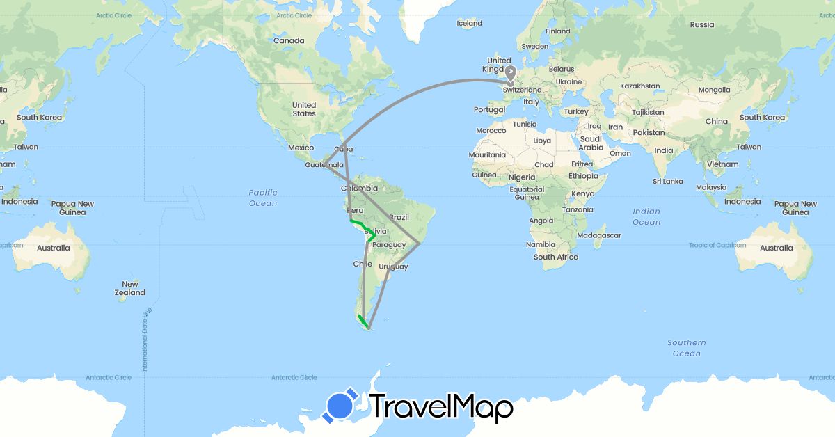 TravelMap itinerary: driving, bus, plane in Argentina, Bolivia, Brazil, Chile, Colombia, France, Guatemala, Peru, United States (Europe, North America, South America)